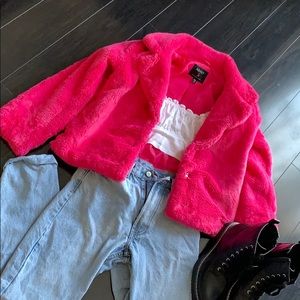 pink faux fur coat
